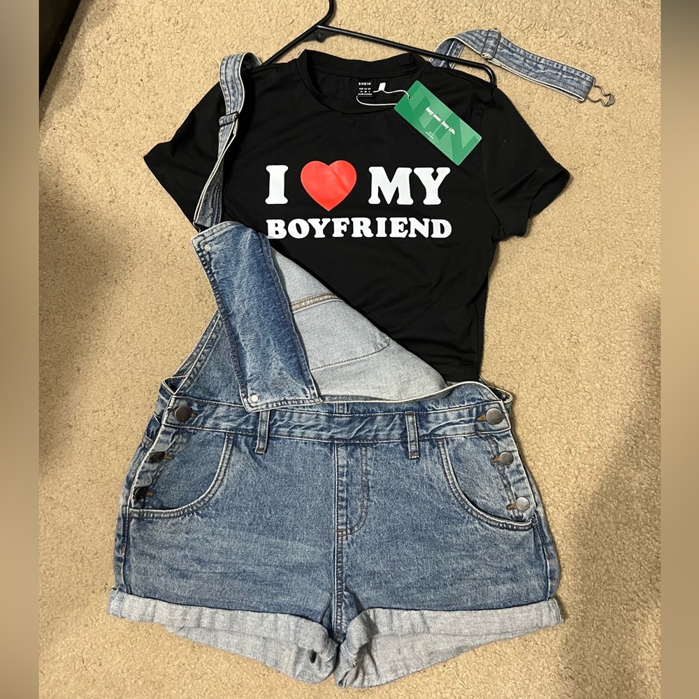 Cotton On Blue Denim Short Overalls With A I ♥️ My Bf Cropped T-Shirt Set